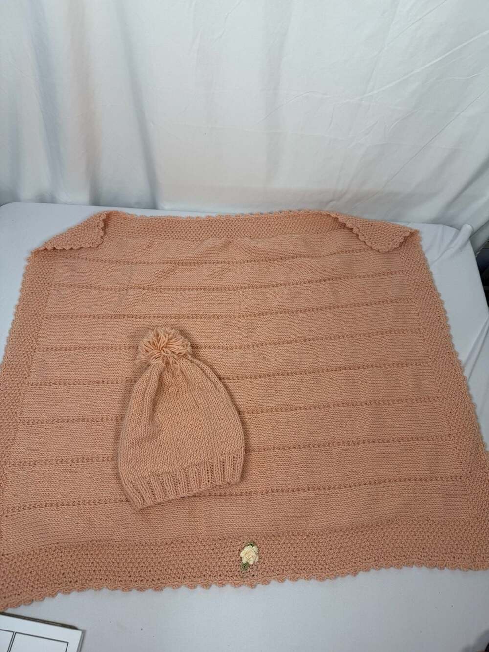 Handmade Baby Blanket and Hat Set Pink Knit Crochet Pom Pom Rosette
